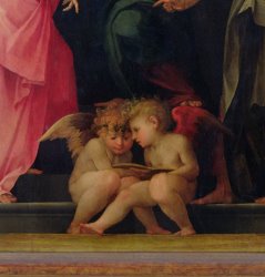 Giovanni Battist Rosso Fiorentino Two cherubs reading detail from Madonna and Child with Saints