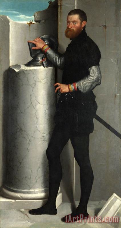 Portrait of a Gentleman with His Helmet on a Column Shaft painting - Giovanni Battista Moroni Portrait of a Gentleman with His Helmet on a Column Shaft Art Print