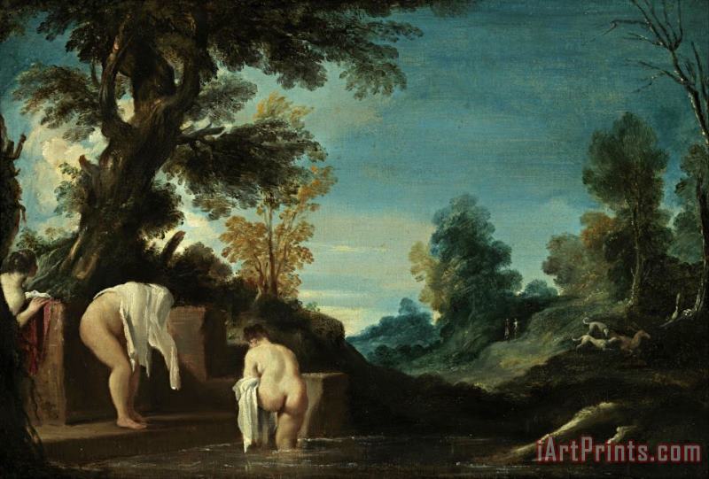 Landscape with Bathing Women painting - Giovanni F. Barbieri Landscape with Bathing Women Art Print