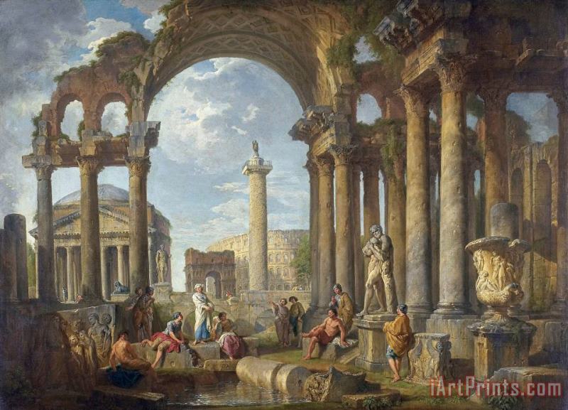 A Capriccio of Roman Ruins with The Pantheon painting - Giovanni Paolo Panini A Capriccio of Roman Ruins with The Pantheon Art Print
