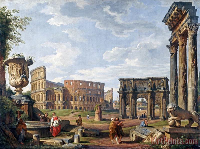 Giovanni Paolo Panini A Capriccio View of Rome with The Colosseum Art Painting