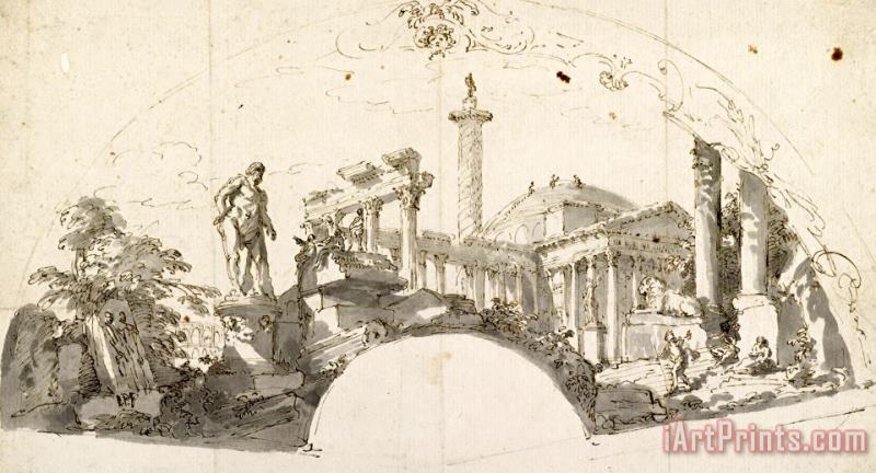 Giovanni Paolo Panini Design for a Fan Capriccio with Roman Ruins And The Farnese Hercules Art Print