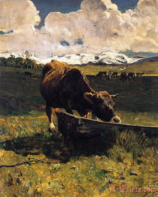 Giovanni Segantini Brown Cow At Trough Art Painting