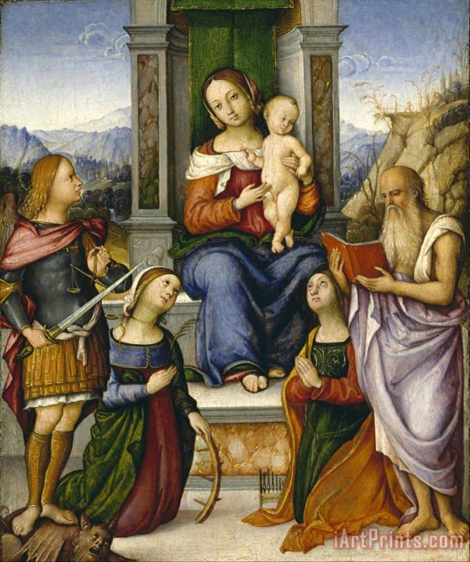 The Virgin And Child Enthroned with Saints Michael, Catherine of Alexandria, Cecilia, And Jerome painting - Girolamo Marchesi The Virgin And Child Enthroned with Saints Michael, Catherine of Alexandria, Cecilia, And Jerome Art Print