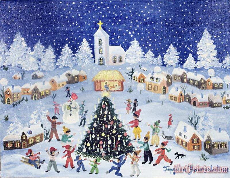 Snowy Christmas In A Village Square painting - Gordana Delosevic Snowy Christmas In A Village Square Art Print