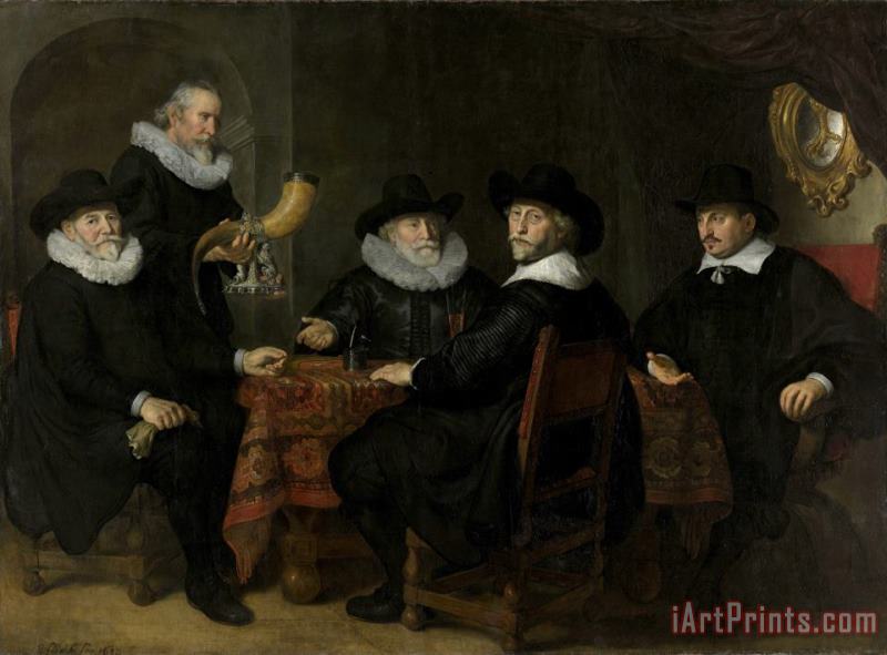 Four Governors of The Arquebusiers Civic Guard, Amsterdam, 1642 (officers And Other Marksmen of The Xviii District in Amsterdam Under The Command of C painting - Govaert Flinck Four Governors of The Arquebusiers Civic Guard, Amsterdam, 1642 (officers And Other Marksmen of The Xviii District in Amsterdam Under The Command of C Art Print