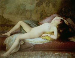 Gustave-Henri-Eugene Delhumeau Nude lying on a chaise longue