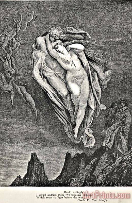 Dante's Vision Of Hell Illustration Engraving Couple In Wind painting - Gustave Dore Dante's Vision Of Hell Illustration Engraving Couple In Wind Art Print