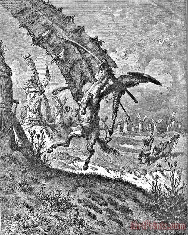 Don Quixote Attacks The Windmill Engraving painting - Gustave Dore Don Quixote Attacks The Windmill Engraving Art Print