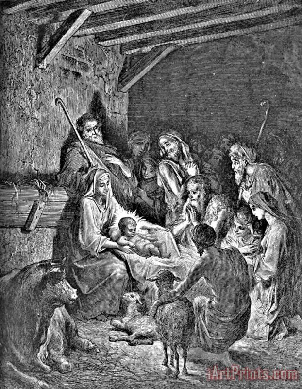 Nativity Bible Illustration Engraving painting - Gustave Dore Nativity Bible Illustration Engraving Art Print