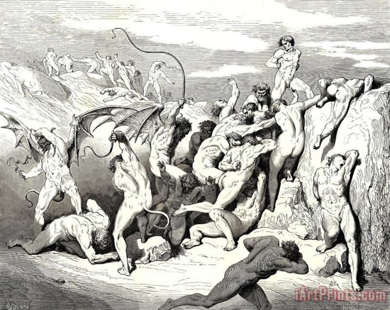 Gustave Dore The Inferno, Canto 18, Line 38 Ah! How They Made Them Bound at The First Stripe! Art Print