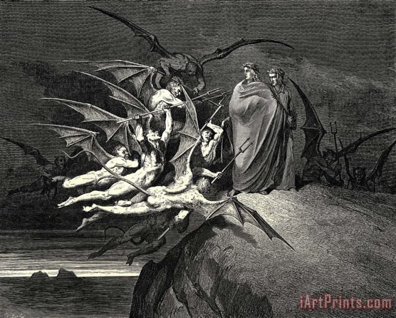 The Inferno, Canto 21, Line 70 “be None of You Outrageous.” painting - Gustave Dore The Inferno, Canto 21, Line 70 “be None of You Outrageous.” Art Print