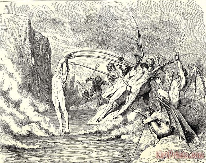 Gustave Dore The Inferno, Canto 21, Lines 5051 This Said, They Grappled Him with More Than Hundred Hooks Art Painting