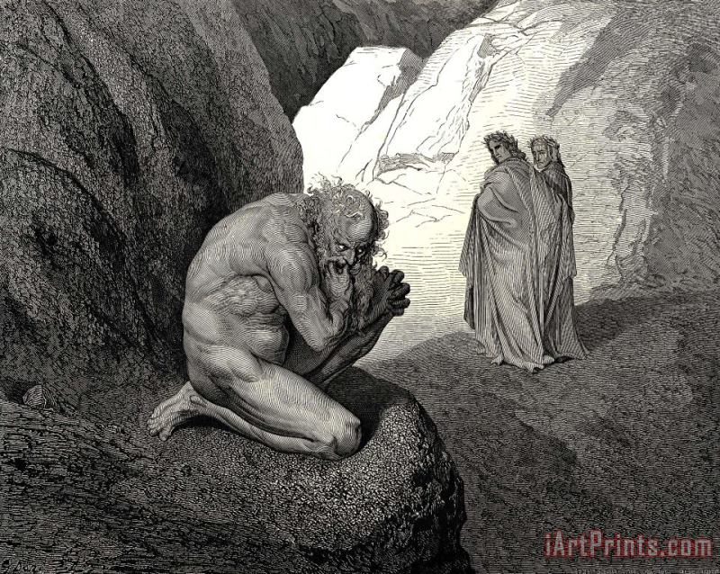 The Inferno, Canto 7, Lines 89 “curs’d Wolf! Thy Fury Inward on Thyself Prey, And Consume Thee!” painting - Gustave Dore The Inferno, Canto 7, Lines 89 “curs’d Wolf! Thy Fury Inward on Thyself Prey, And Consume Thee!” Art Print