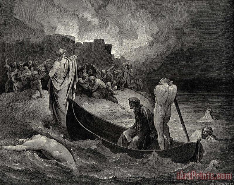 The Inferno, Canto 8, Lines 110111 I Could Not Hear What Terms He Offer’d Them, But They Conferr’d Not Long painting - Gustave Dore The Inferno, Canto 8, Lines 110111 I Could Not Hear What Terms He Offer’d Them, But They Conferr’d Not Long Art Print