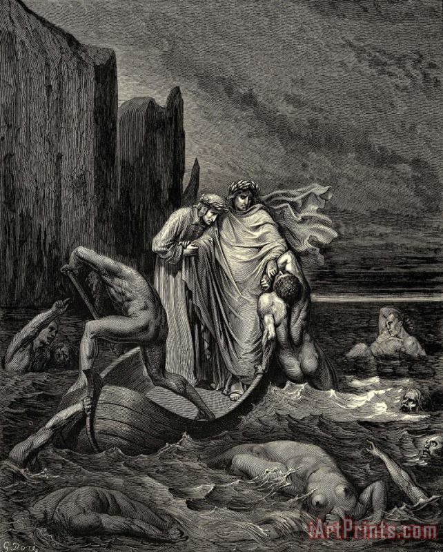 The Inferno, Canto 8, Lines 3941 My Teacher Sage Aware, Thrusting Him Back “away! Down There to The’ Other Dogs!” painting - Gustave Dore The Inferno, Canto 8, Lines 3941 My Teacher Sage Aware, Thrusting Him Back “away! Down There to The’ Other Dogs!” Art Print