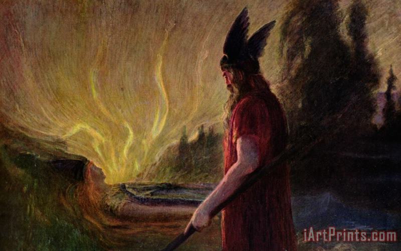 Odin leaves as the flames rise painting - H Hendrich Odin leaves as the flames rise Art Print