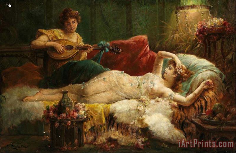 Hans Zatzka Interior with a Lightly Dressed Woman And a Lute Player Art Painting