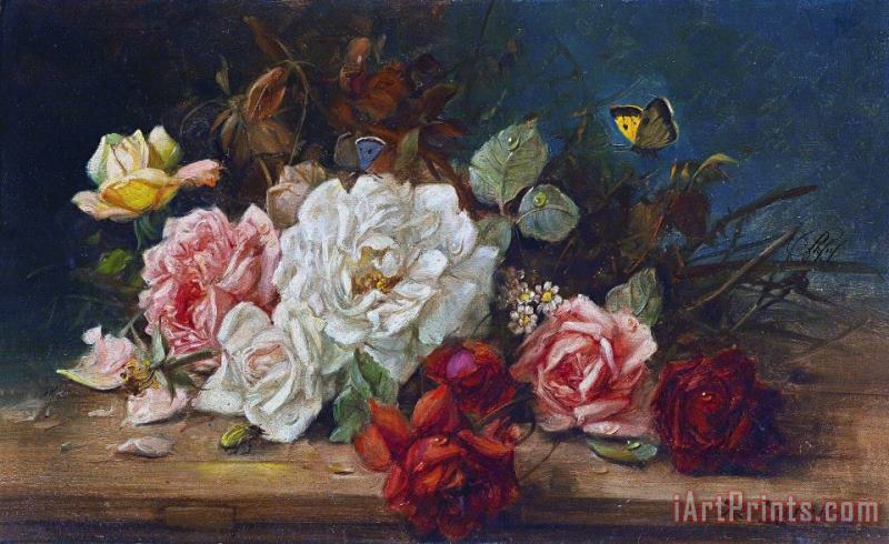 Hans Zatzka Still Life with Flowers And Butterfly Art Painting