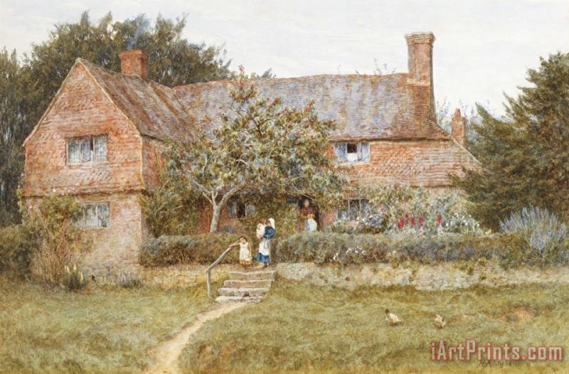 A Surrey Cottage with a Mother and her Children painting - Helen Allingham A Surrey Cottage with a Mother and her Children Art Print