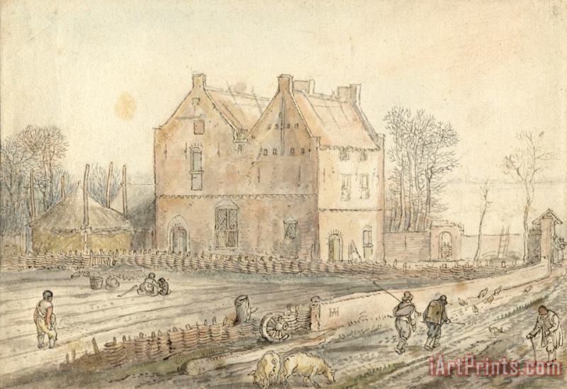 A Manorial Farmhouse with Peasants Sowing painting - Hendrick Avercamp A Manorial Farmhouse with Peasants Sowing Art Print