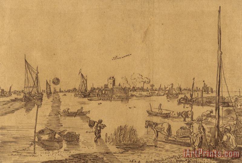 Hendrick Avercamp Fishermen on And by a Broad River, a Fortified Town in The Distance Art Print