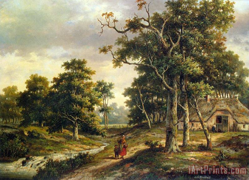 Hendrik Barend Koekkoek Peasant Woman And a Boy in a Wooded Landscape Art Print