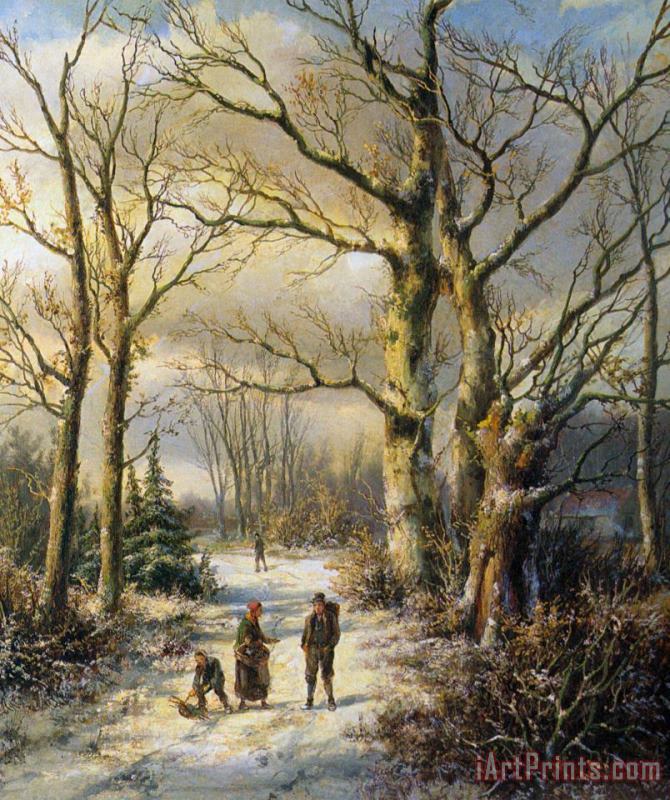 Woodgatherers in a Winter Forest painting - Hendrik Barend Koekkoek Woodgatherers in a Winter Forest Art Print