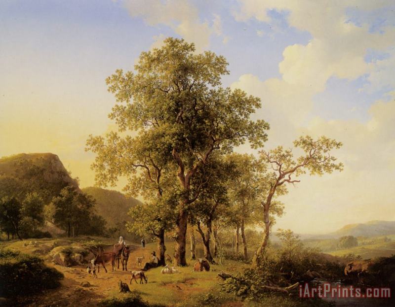A Treelined River Landscape with Figures And Cattle an a Path painting - Hendrikus Van Den Sande Bakhuyzen A Treelined River Landscape with Figures And Cattle an a Path Art Print