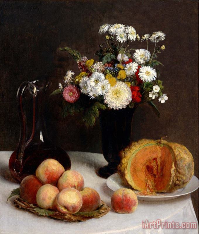 Henri Fantin Latour Still Life with a Carafe, Flowers And Fruit Art Print