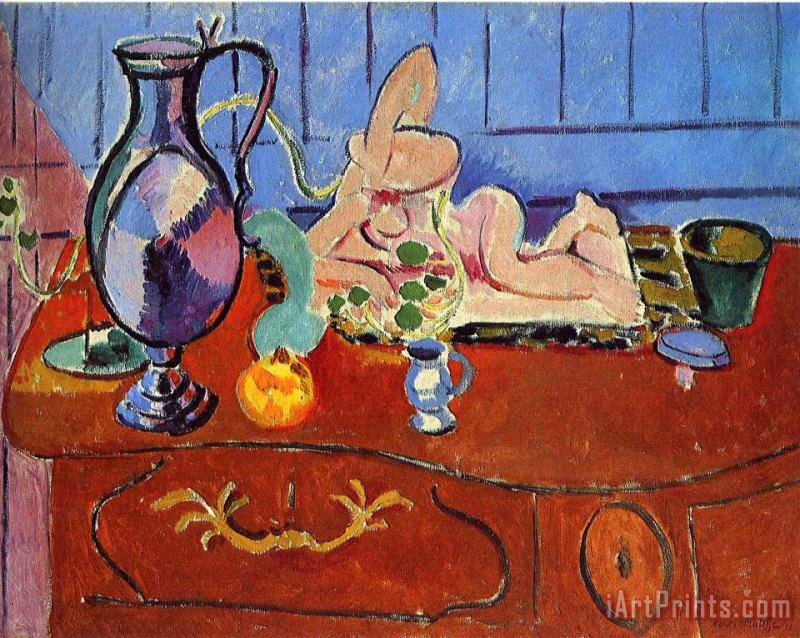 Still Life with a Pewter Jug And Pink Statuette 1910 painting - Henri Matisse Still Life with a Pewter Jug And Pink Statuette 1910 Art Print