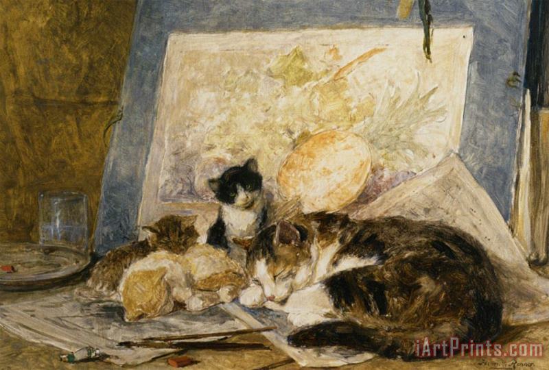 A Cat And Her Kittens in The Artists Studio painting - Henriette Ronner-Knip A Cat And Her Kittens in The Artists Studio Art Print