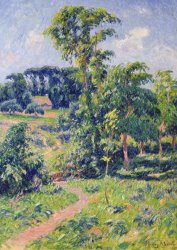 Henry Moret Landscape with trees and a path leading to a cottage painting
