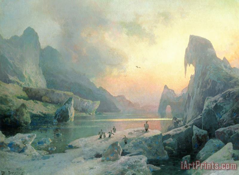 Herman Herzog Penguins In An Arctic Landscape At Dusk Art Painting