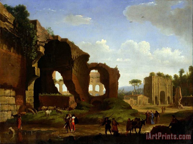 A Roman View of The Ruins of The Temple of Venus And Rome with The Colosseum And The Arch of Constan... painting - Herman Van Swanevelt A Roman View of The Ruins of The Temple of Venus And Rome with The Colosseum And The Arch of Constan... Art Print