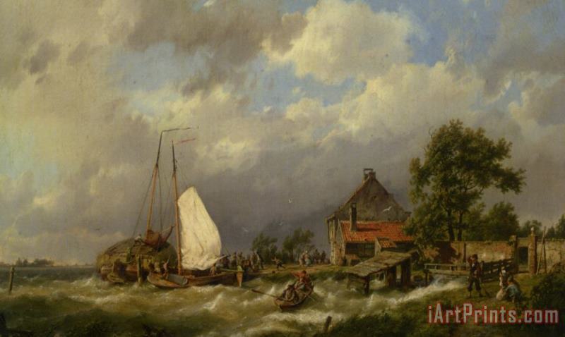 Hermanus Koekkoek Snr Boats Docking in an Estuary Art Painting