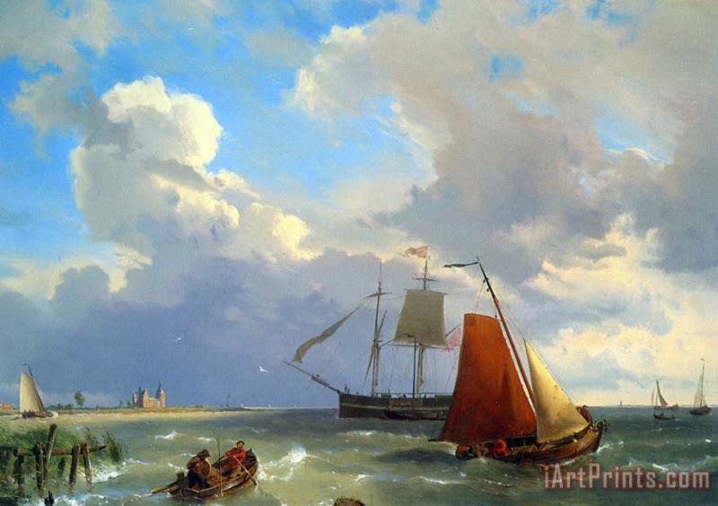 Hermanus Koekkoek Snr Shipping in a Choppy Estuary Art Print