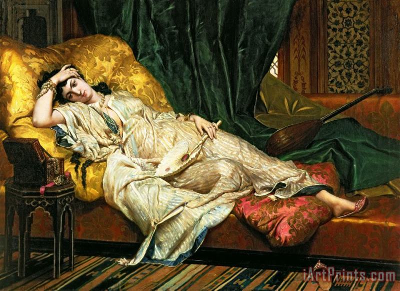 Odalisque with a lute painting - Hippolyte Berteaux Odalisque with a lute Art Print