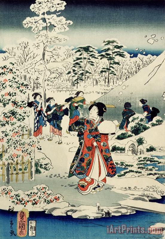 Hiroshige Maids in a snow covered garden Art Painting
