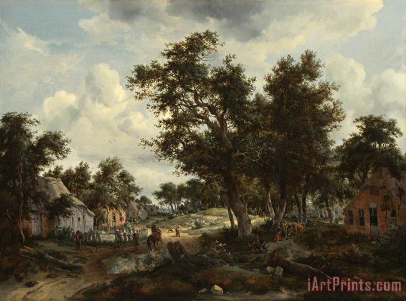 A Wooded Landscape with Travelers on a Path Through a Hamlet painting - Hobbema, Meindert A Wooded Landscape with Travelers on a Path Through a Hamlet Art Print