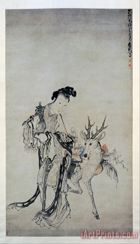 Huang Shen Ma Gu Holding a Vase,with a Deer Art Print