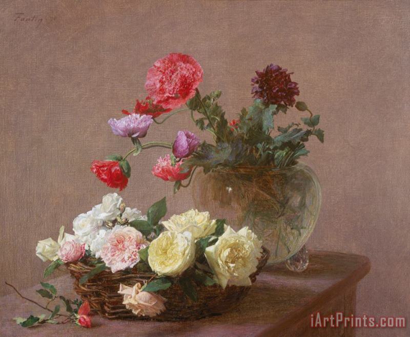 Ignace Henri Jean Fantin-Latour Poppies in a Crystal Vase - or Basket of Roses Art Painting