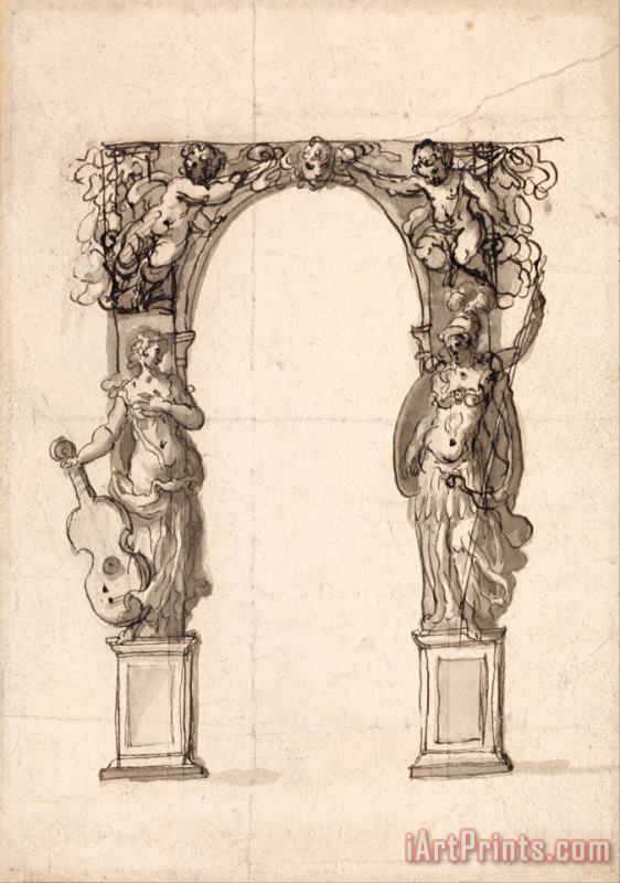 Design for a Temporary Arch Ornamented with Putti And Allegorical Figures of Music And War painting - Inigo Jones Design for a Temporary Arch Ornamented with Putti And Allegorical Figures of Music And War Art Print