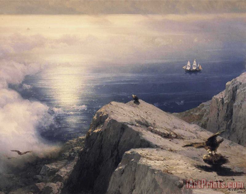 A Rocky Coastal Landscape in The Aegean with Ships in The Distance Detail painting - Ivan Constantinovich Aivazovsky A Rocky Coastal Landscape in The Aegean with Ships in The Distance Detail Art Print