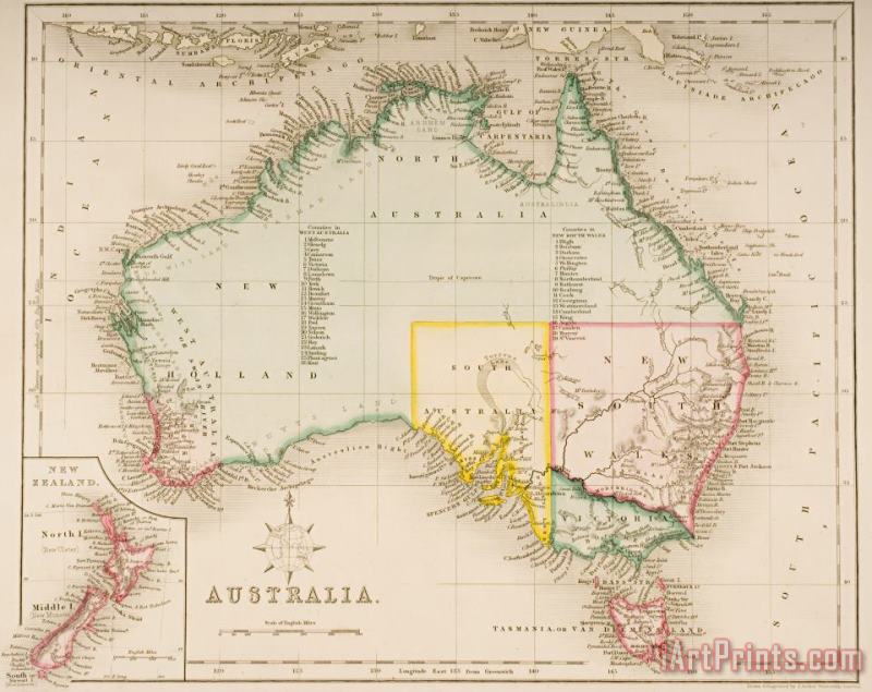 Map of Australia and New Zealand painting - J Archer Map of Australia and New Zealand Art Print