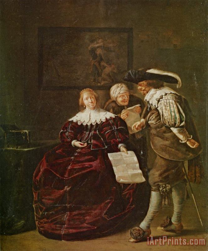 Jacob Duck The Contract a Lady Presenting a Letter to a Gentleman And an Old Lady Studying Another in an Interior Art Painting