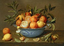 Still Life Art for sale - Still Life with Oranges and Lemons in a Wan-Li Porcelain Dish by Jacob van Hulsdonck