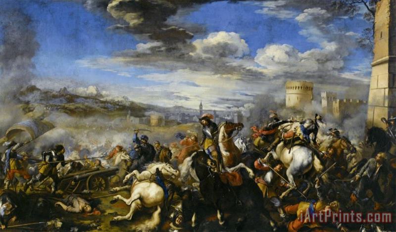 Jacques Courtois Battle Scene with Infantry Cavalry And Cannon a Fortress And a City Beyond Art Print