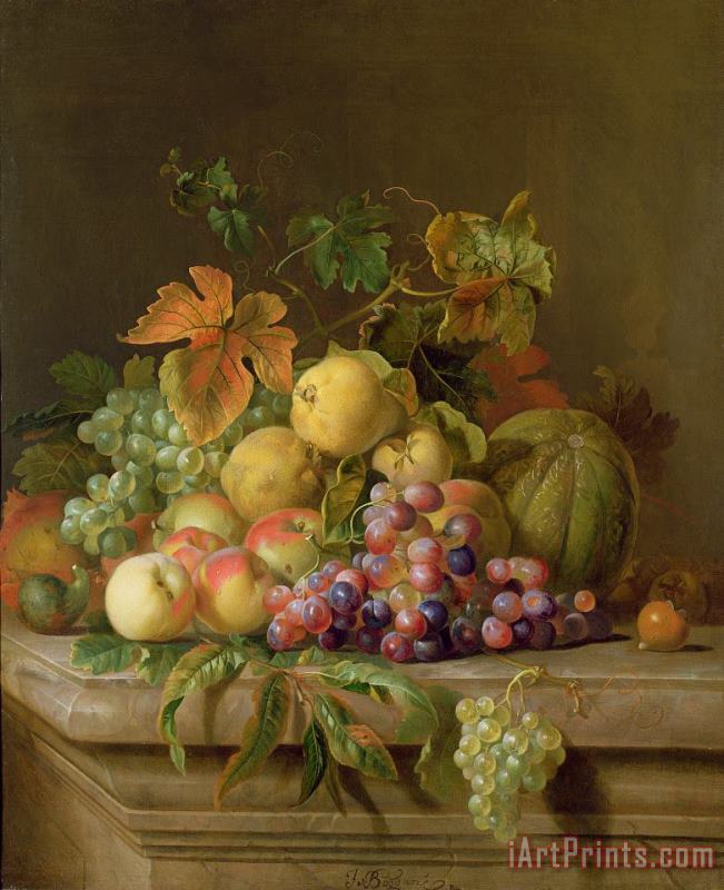 Jakob Bogdani A Still Life of Melons Grapes and Peaches on a Ledge Art Print