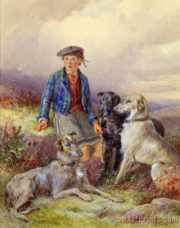 James Jnr Hardy Scottish Boy with Wolfhounds in a Highland Landscape Art Painting